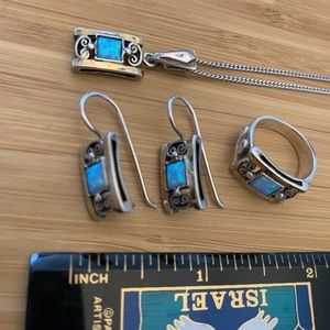 Sterling silver and opal set: ring sz5, earrings & necklace with chain